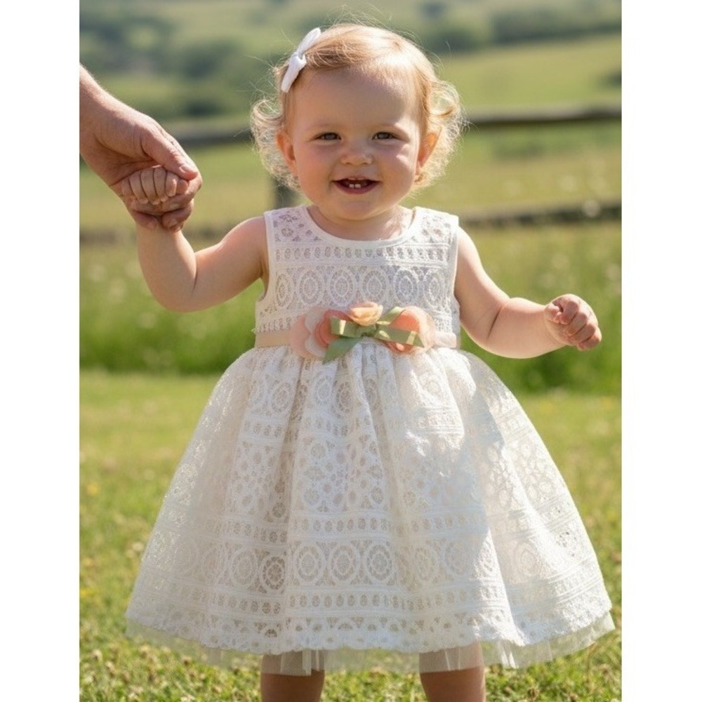 Bonnie Baby Girls dress Size 12M Formal Lace Peach Floral Fall Cream 12 Month